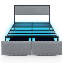 Gymax - Full Size Bed Frame w/ 2 Storage Drawers LED Lights Slats Support Modern - Gray