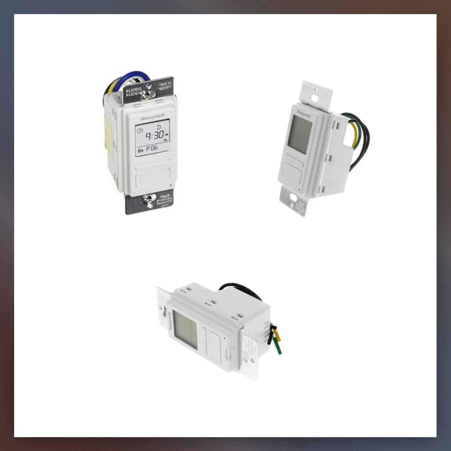 Sure, here is the corrected and grouped text from the image:

---

**Top Left Device:**
- Honeywell
- 9:30
- P06

**Top Right Device:**
- Honeywell

**Bottom Device:**
- Honeywell

---

This text appears to be related to the devices shown in the image, which are likely part of a security or automation system.