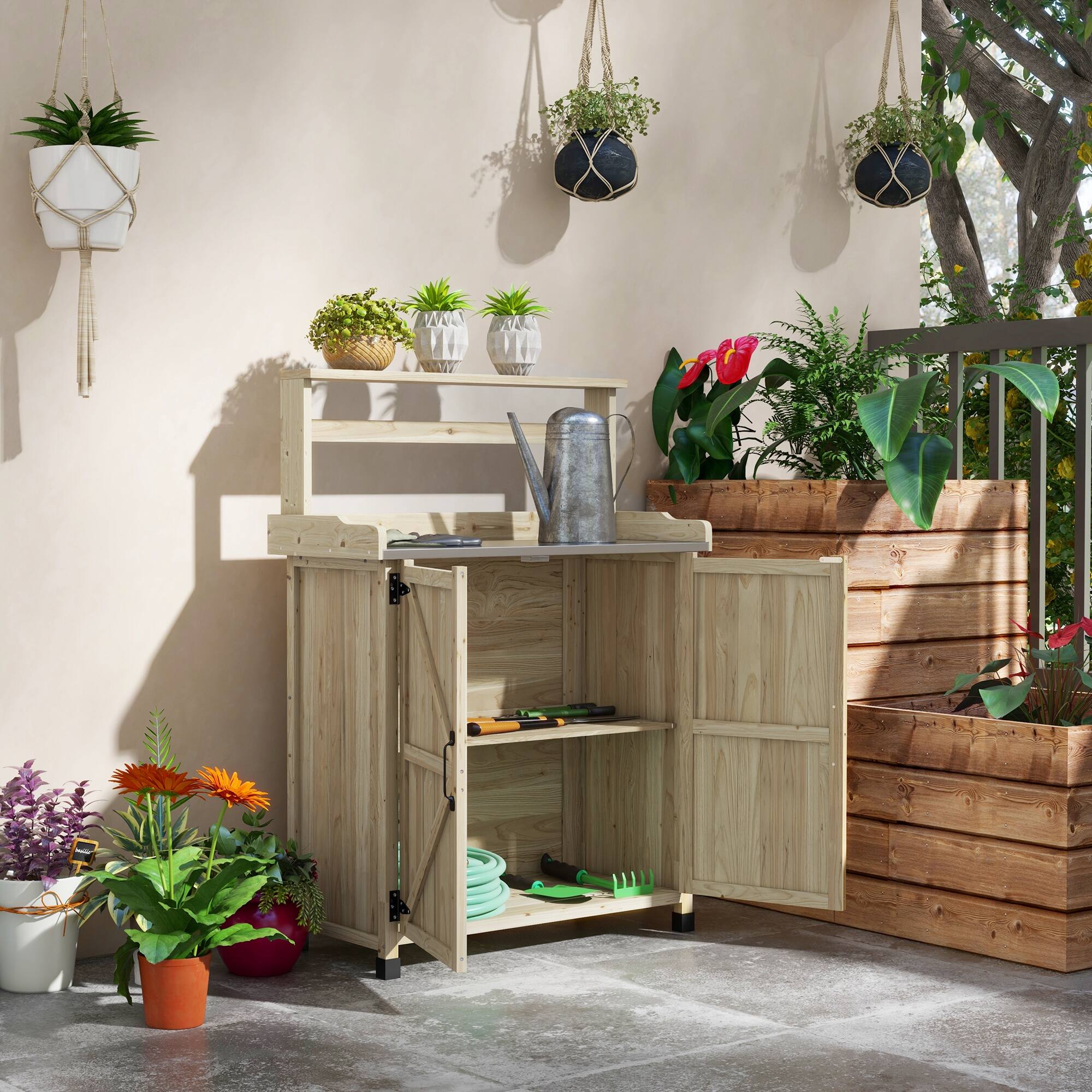 Alt View 1. Outsunny - Potting Bench, Outdoor Wooden Potting Table with Storage Cabinet with 2 Shelves, Garden Work Bench - Natural Wood.
