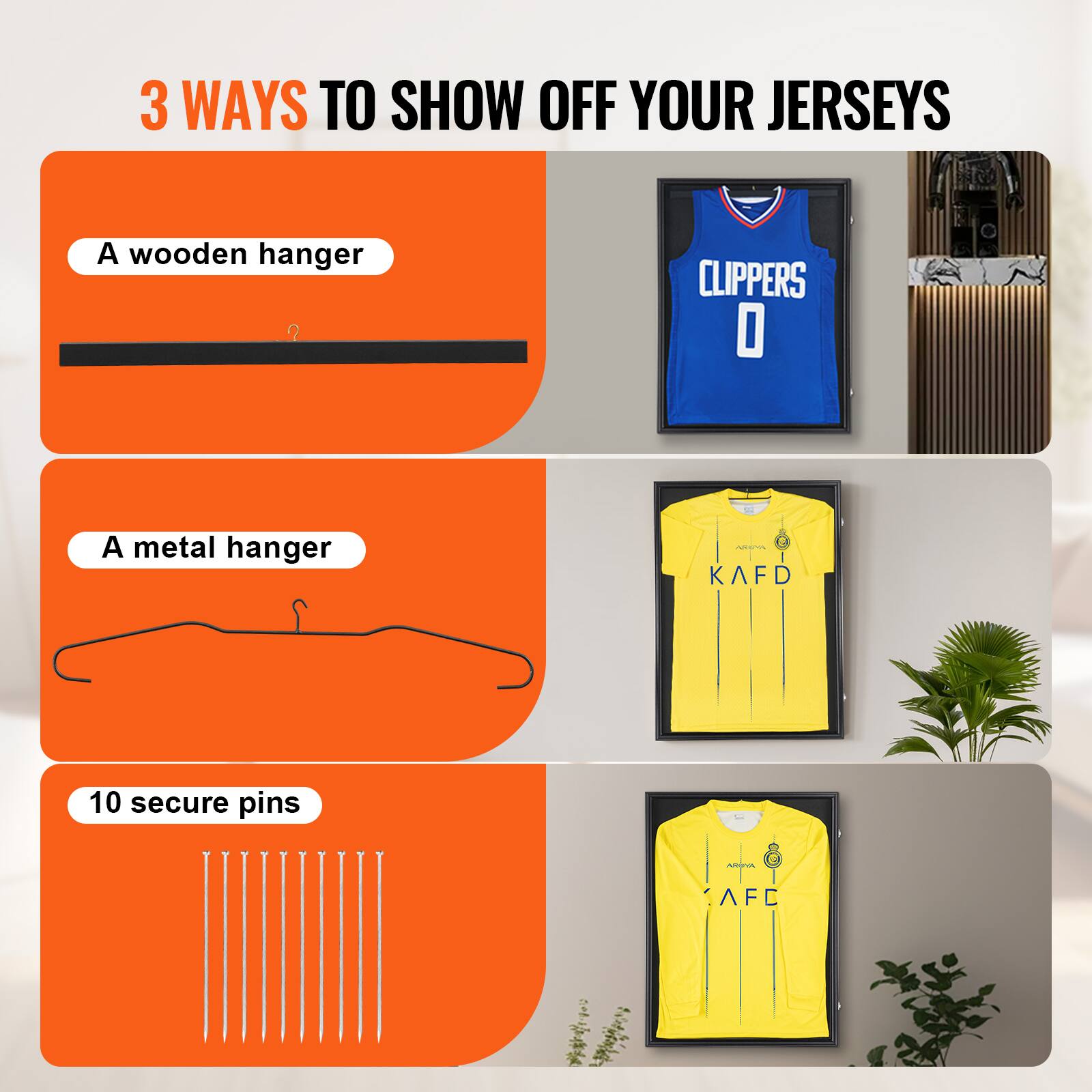 3 WAYS TO SHOW OFF YOUR JERSEYS

- A wooden hanger
- A metal hanger
- 10 secure pins