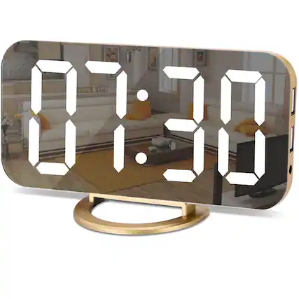 Front. Dazzed Corner - Digital Alarm Clock,LED and Mirror Desk Clock - Gold.