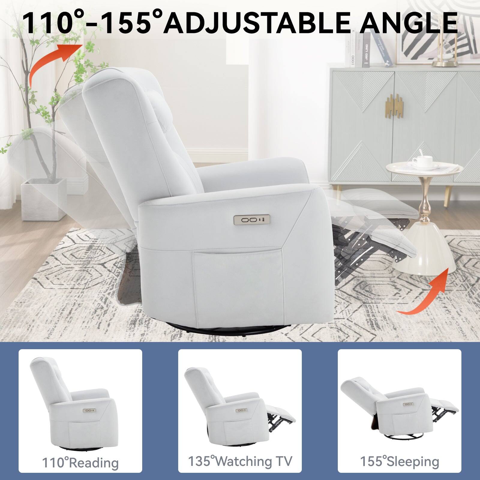 110-155° ADJUSTABLE ANGLE
110° Reading
135° Watching TV
155° Sleeping