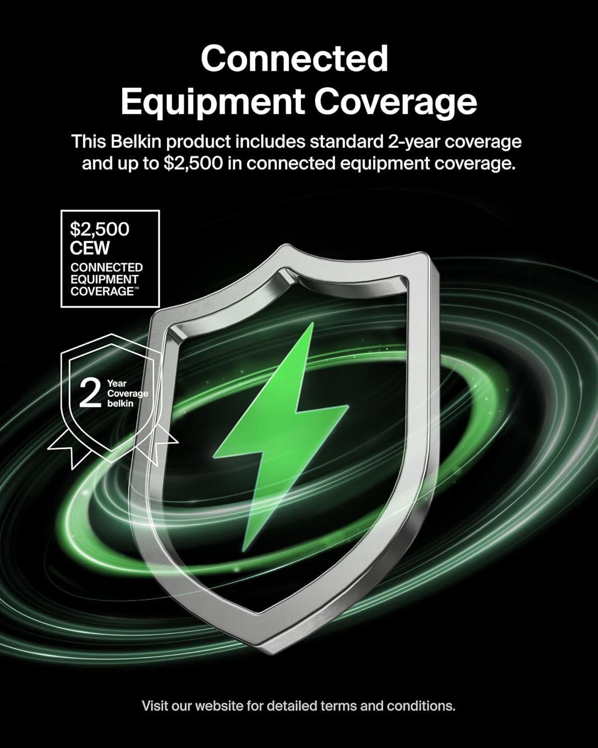 Connected Equipment Coverage

This Belkin product includes standard 2-year coverage and up to $2,500 in connected equipment coverage.

$2,500 CEW CONNECTED EQUIPMENT COVERAGE

Year 2 Coverage

Visit our website for detailed terms and conditions.