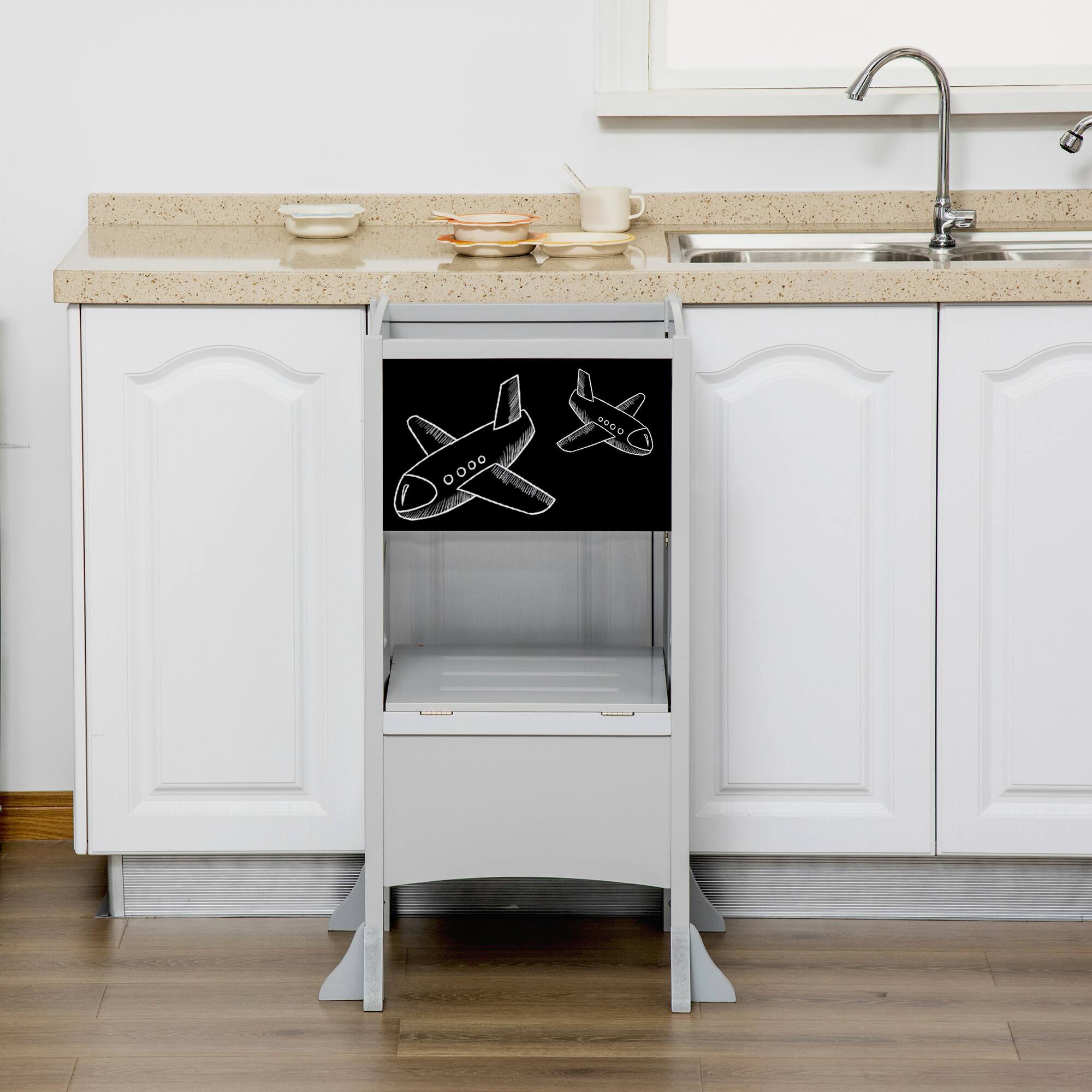 Alt View 5. Qaba - 2 in 1 Kids Foldable Kitchen Step Stool, Toddler Standing Tower with Chalkboard and Lockable Handrail - Grey.