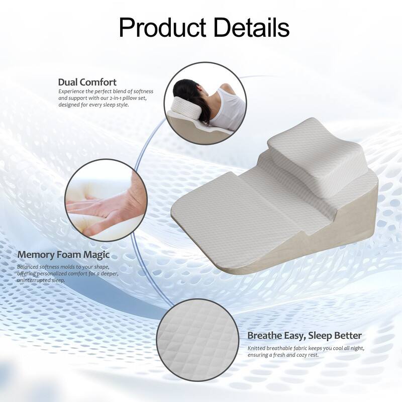 Product Details

Dual Comfort  
Experience the perfect blend of softness and support with our 2-in-1 pillow set, designed for every sleep style.

Memory Foam Magic  
Balanced softness molds to your shape, offering personalized comfort for a deeper, uninterrupted sleep.

Breathe Easy, Sleep Better  
Knitted breathable fabric keeps you cool all night, ensuring a fresh and cozy rest.