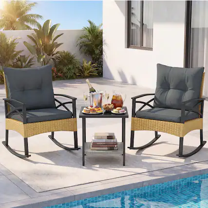 Front. Gymax - Gymax 3-Piece Rattan Rocking Bistro Set w/Tempered Glass Tabletop & Cushions for Porch - Natural.