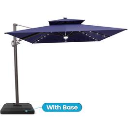 Crestlive Products - 9x11ft Aluminum Double Top Crank Cantilever Patio Umbrella with Lights with Base - Navy blue