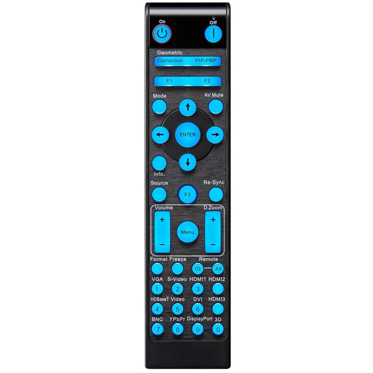 On  
Off  
Geometric Correction PIP/PBP  
F1  
F2  
Mode  
AV Mute  
ENTER  
Info. Source  
Re-Sync  
F3  
Volume  
D Zoom  
+  
-  
Menu  
Format Freeze  
Remote  
ID  
All  
VGA S-Video HDMI1 HDMI2  
1  
2  
3  
HDBaseT Video  
DVI HDMI13  
4 5 6 BNC YPbPr DisplayPort 3D  
7  
8  
9  
0