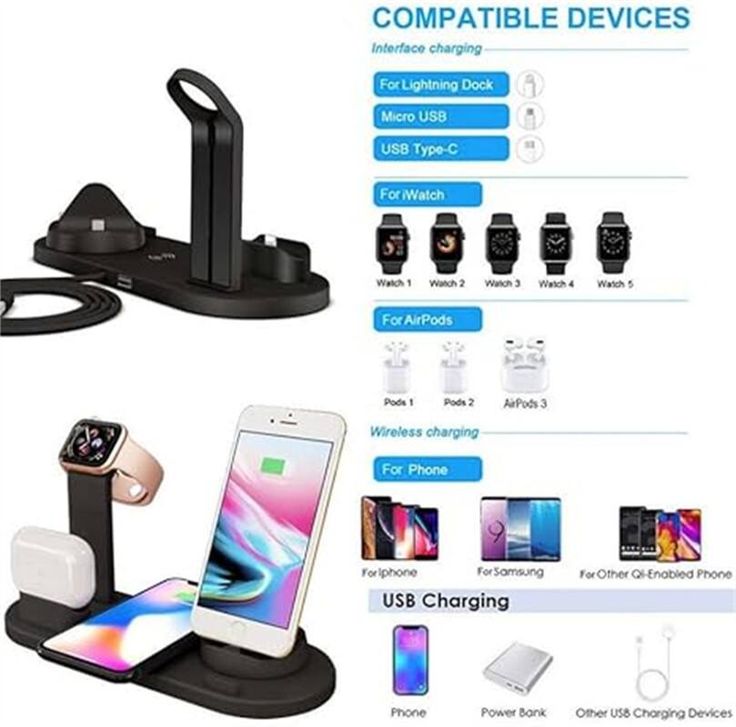 COMPATIBLE DEVICES

Interface charging
- For Lightning Dock
- Micro USB
- USB Type-C

For Watch
- Watch 1
- Watch 2
- Watch 3
- Watch 4
- Watch 5

For AirPods
- Pods 1
- Pods 2
- AirPods 3

Wireless charging
- For iPhone
- For Samsung
- For Other Qi-Enabled Phone

USB Charging
- Phone
- Power Bank
- Other USB Charging Devices