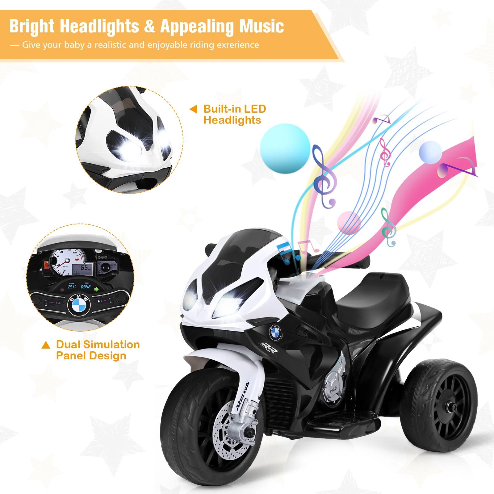 Bright Headlights & Appealing Music Give your baby a realistic and enjoyable riding experience Built-in LED Headlights O a - aS -    1 GUR W Dual Simulation Panel Design 2 RR A Ateroc JNW