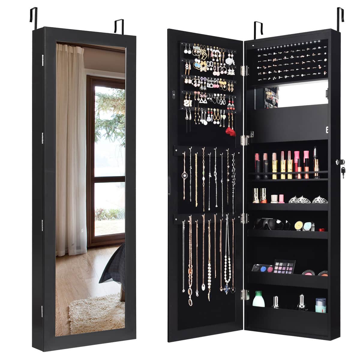 Front. Costway - Wall Door Mounted Mirror Jewelry Cabinet Organizer w/LED Lights - Black.