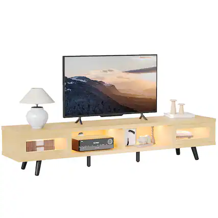 Front. Bestier - 70" LED TV Stand Mid-Century Modern Gaming Entertainment Center with Sliding Glass Door - White Maple.