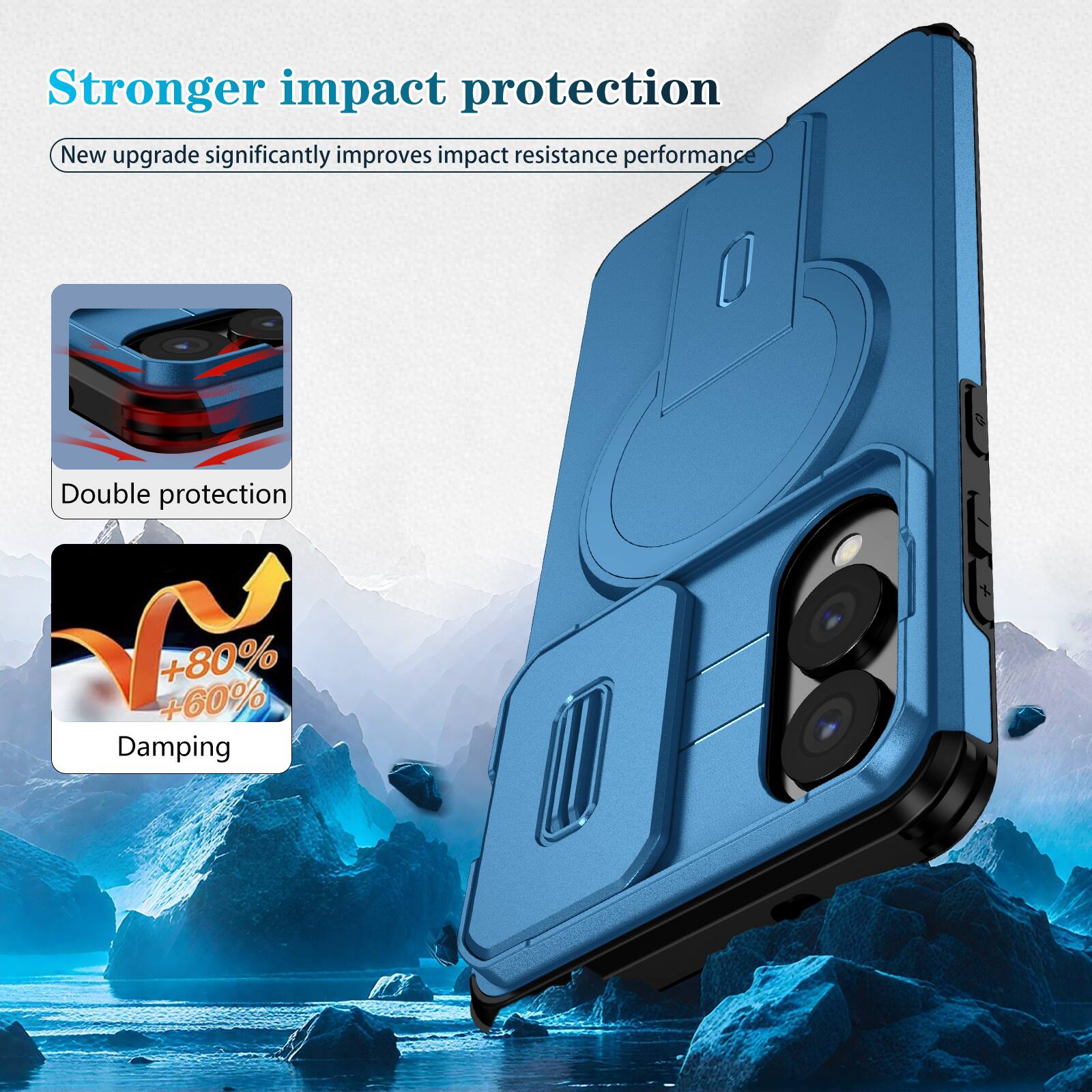 Stronger impact protection  
New upgrade significantly improves impact resistance performance  
Double protection  
+80% +60% Damping
