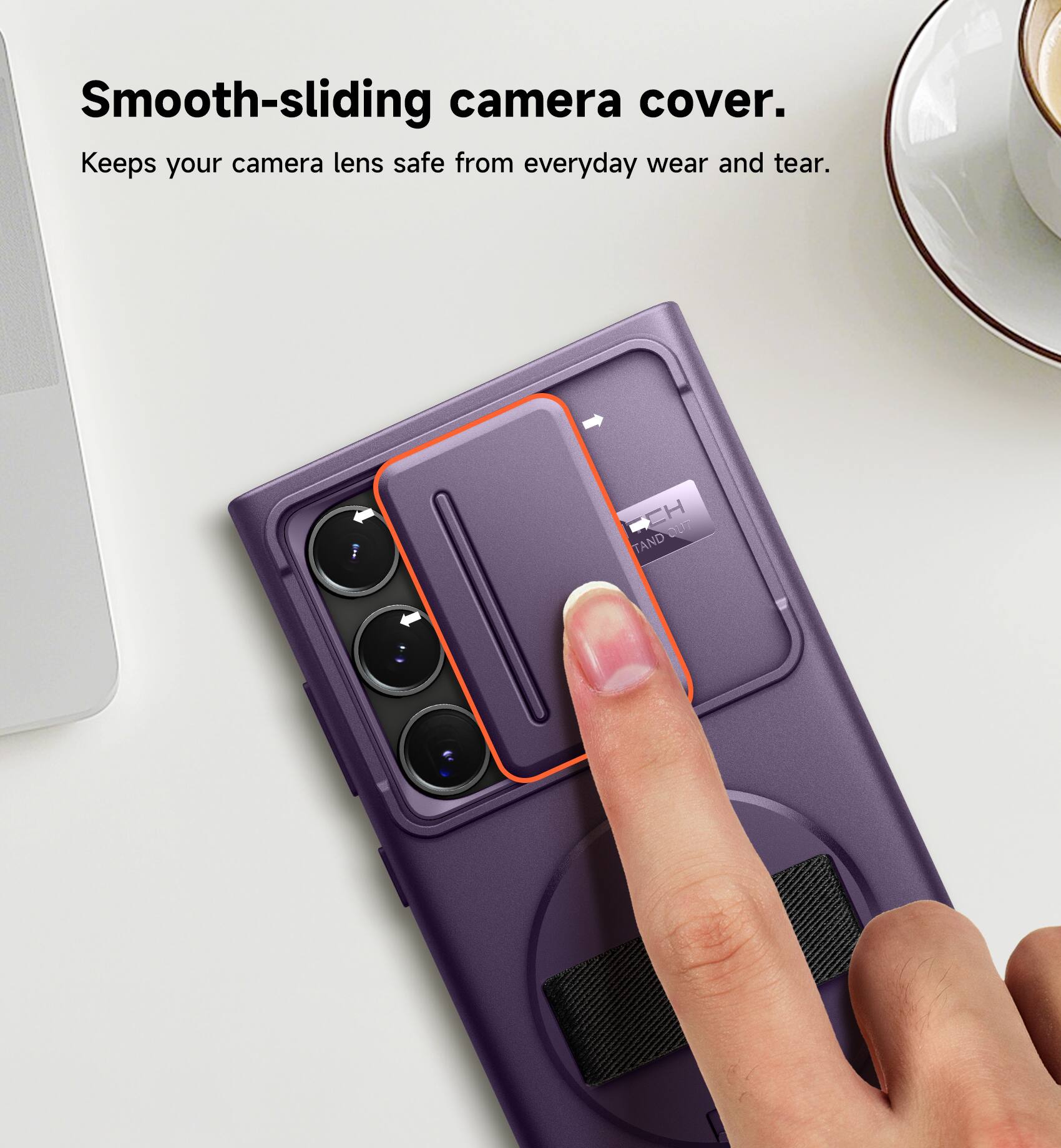 Smooth-sliding camera cover. Keeps your camera lens safe from everyday wear and tear.