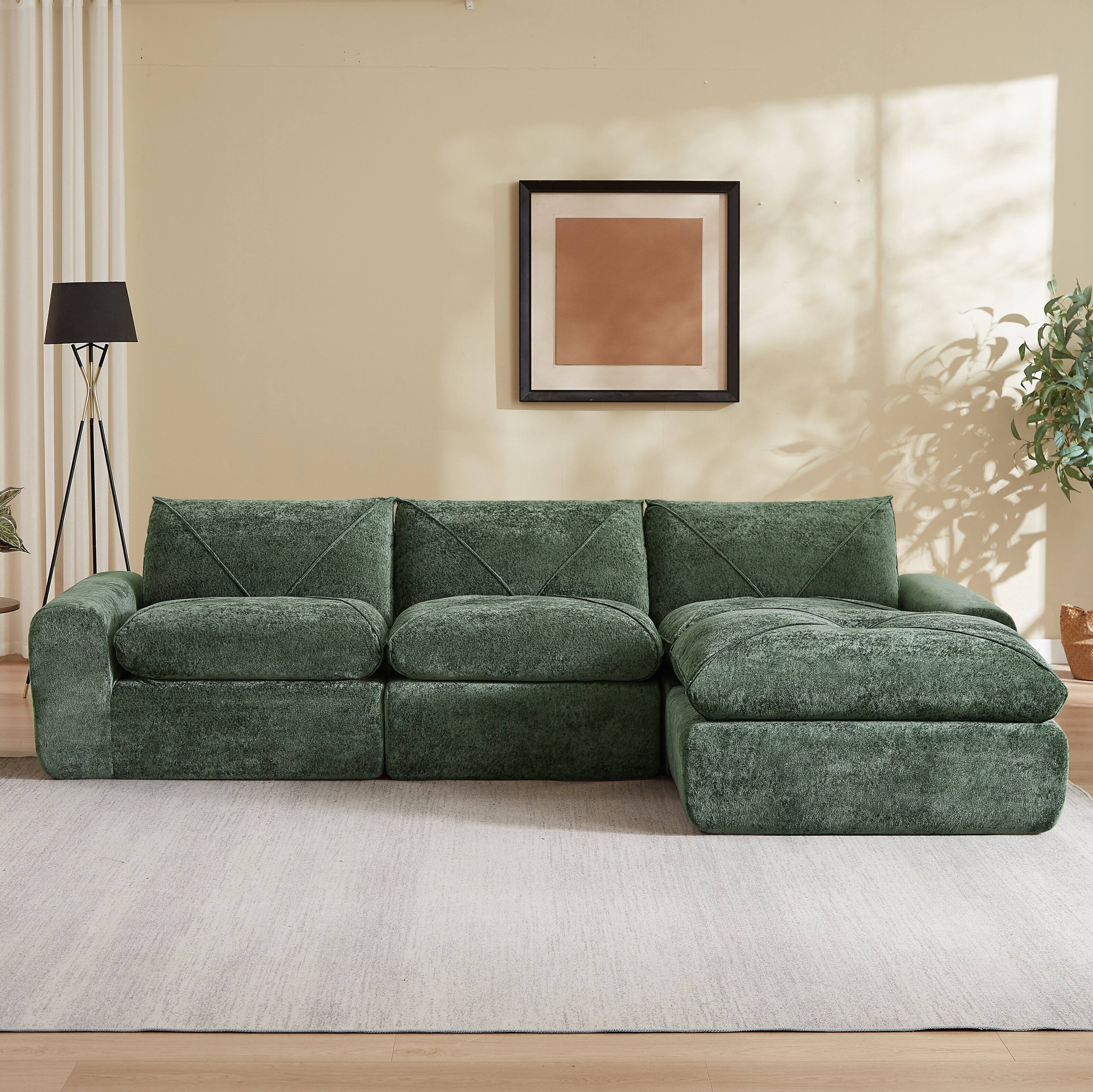 Angle. Loheer - Loheer Chenille Sectional Sofa with Ottoman Modern Minimalist Couch Spacious Living Room Furniture - Green.
