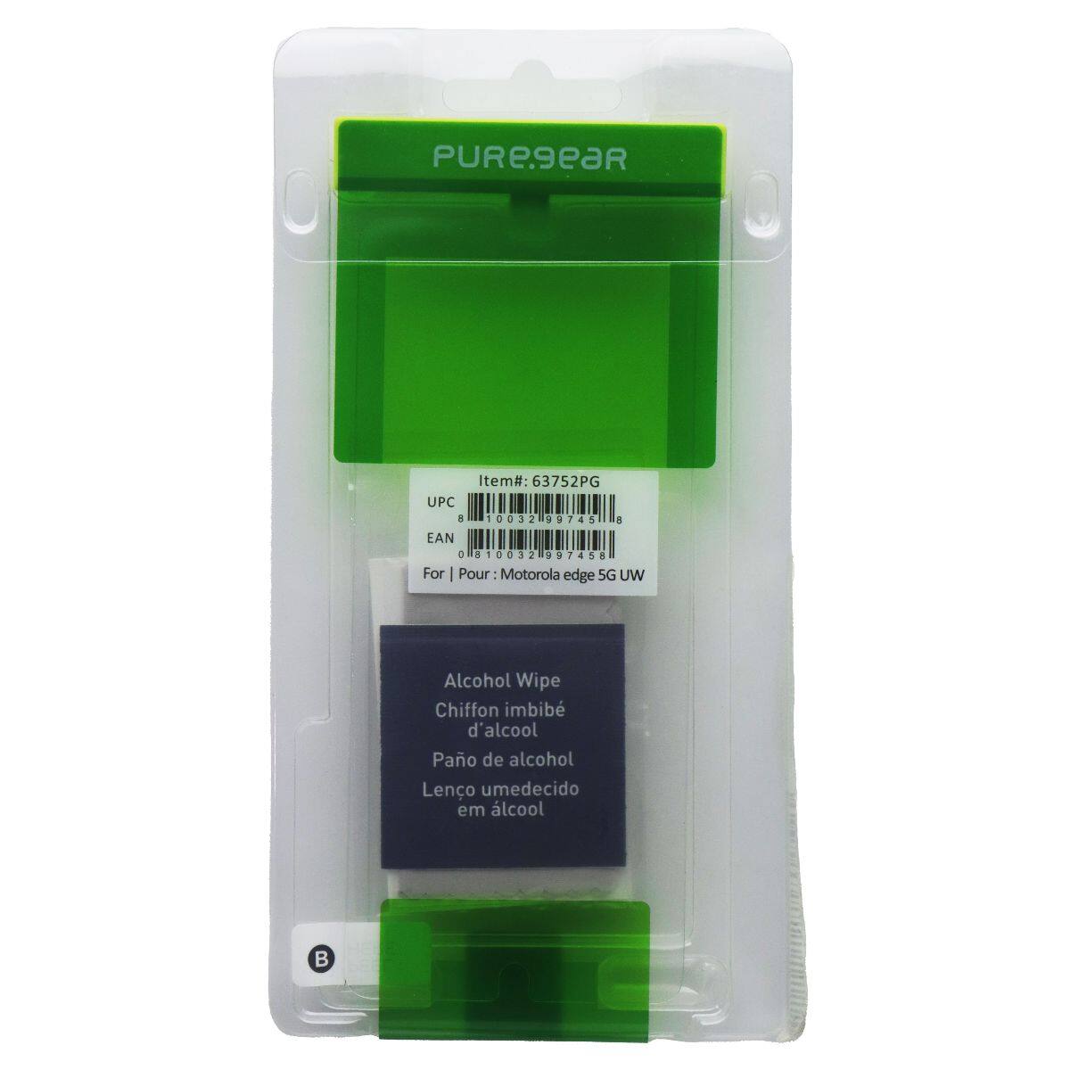 PUREgeaR Item#: 63752PG  
UPC 8 10032 9745  
EAN 0 810032 997458  
For | Pour: Motorola edge 5G UW  
Alcohol Wipe  
Chiffon imbibé d'alcool  
Pano de álcool  
Lenço umedecido em álcool