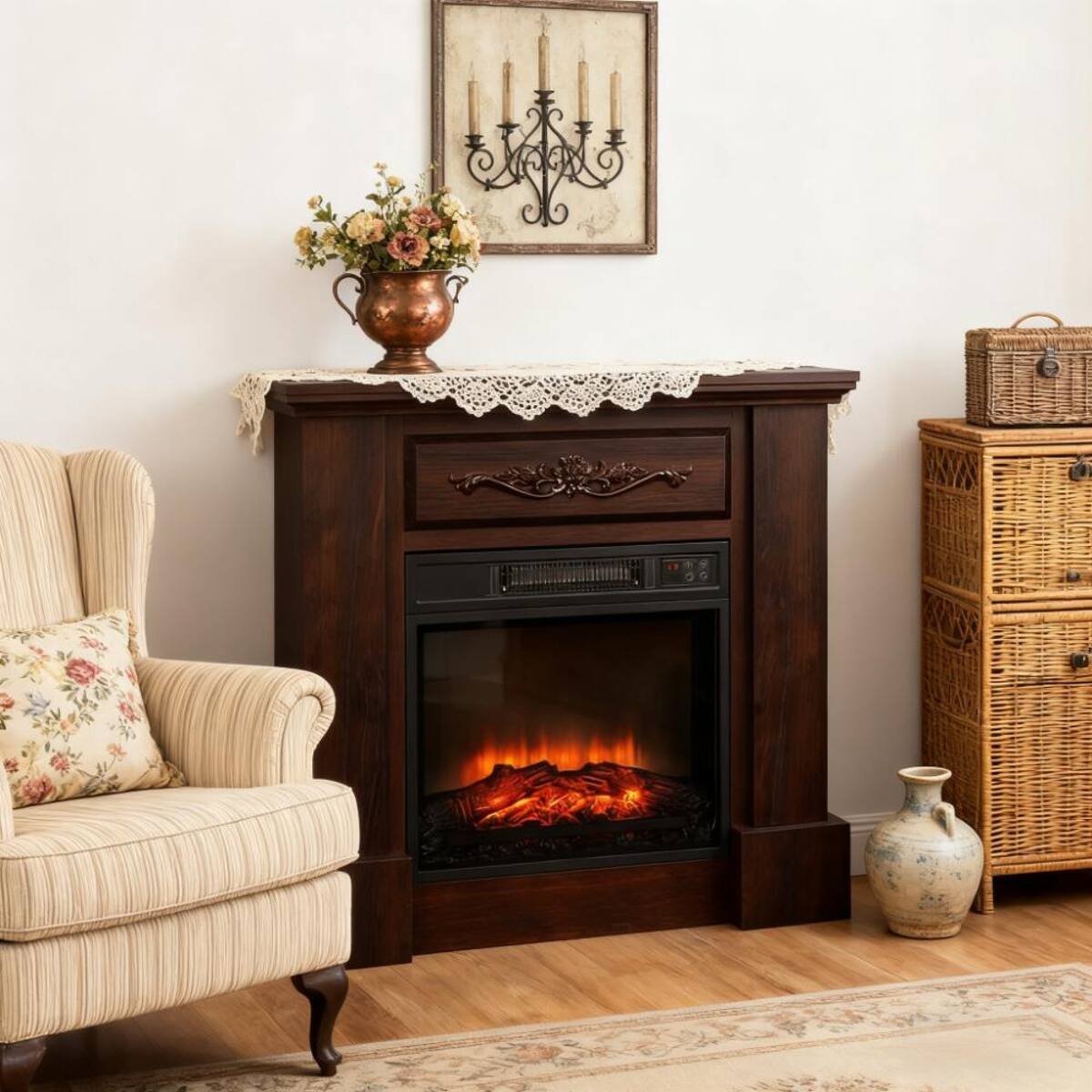 Back. Loheer - Loheer Freestanding Electric Fireplace with Mantel, 1400W Heater with 3D LED Log Flame, Brown - Brown.