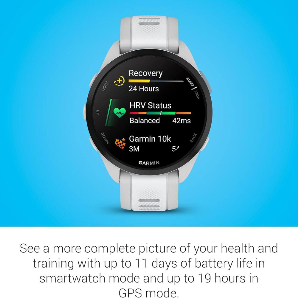 LIGHT UP DOWN  
Recovery + START 24 Hours - STOP  
HRV Status I Balanced 42ms  
Garmin 10k BACK 3M 5  

See a more complete picture of your health and training with up to 11 days of battery life in smartwatch mode and up to 19 hours in GPS mode.