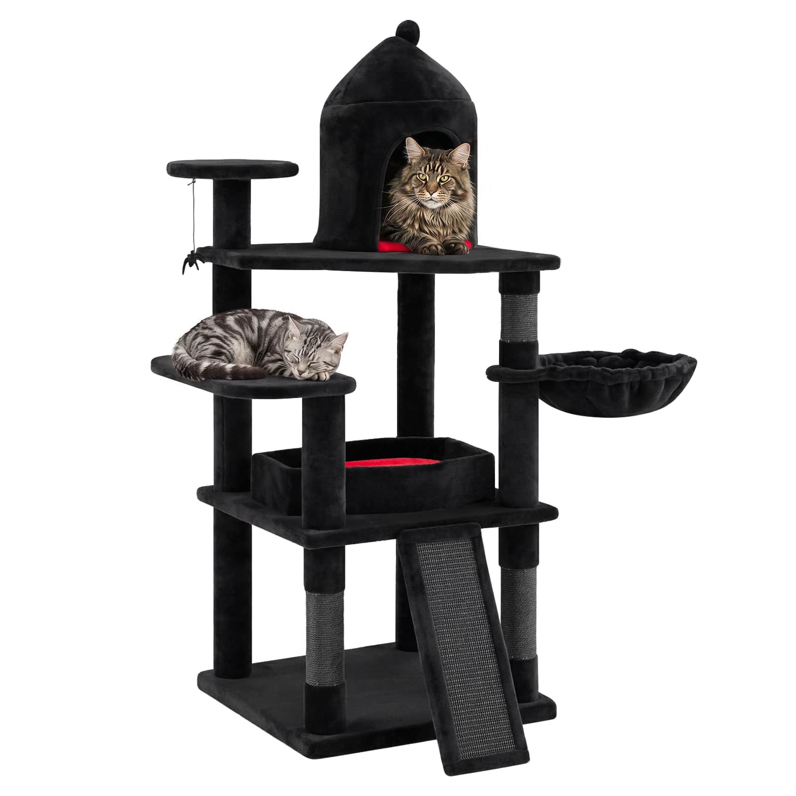 Gymax - Gothic Cat Tree 50'' Large Cat Tower w/House Coffin Bed Spider Hanging Ball Red - Black