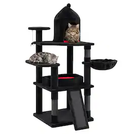 Gymax - Gothic Cat Tree 50'' Large Cat Tower w/House Coffin Bed Spider Hanging Ball Red - Black
