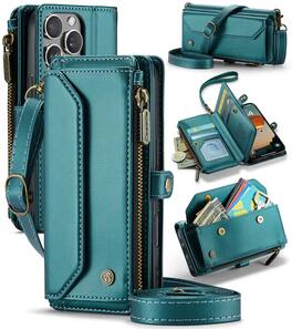 Dteck - Crossbody Wallet Case for Apple iPhone 16 Pro with Card Slots and Zipper Pocket, RFID Blocking PU Leather Cover - Green