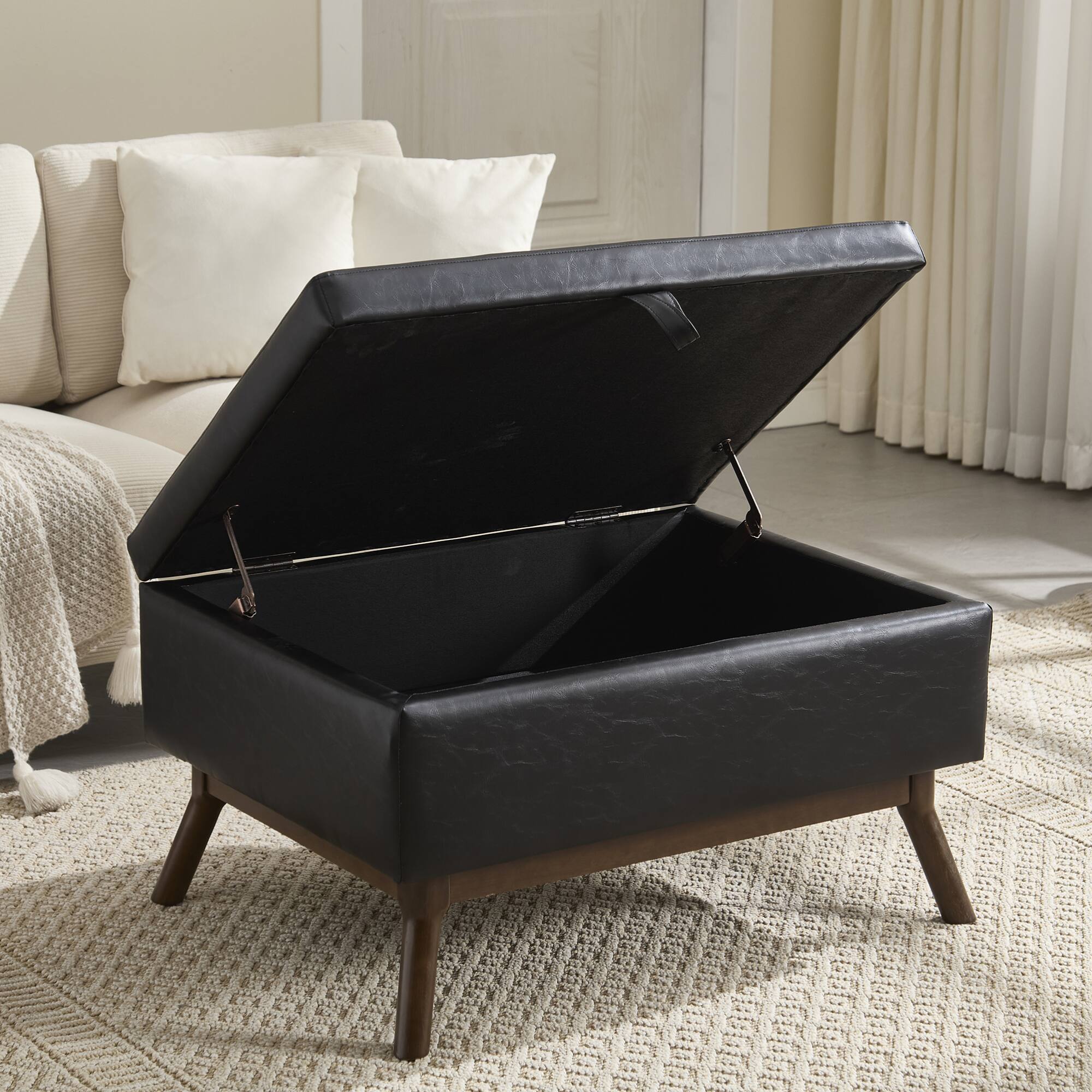 Alt View 4. GOODSILO - Mid-Century Modern Square Storage Ottoman Bench with Lift-Top Lid and Child Safety Hinge - Black PU.