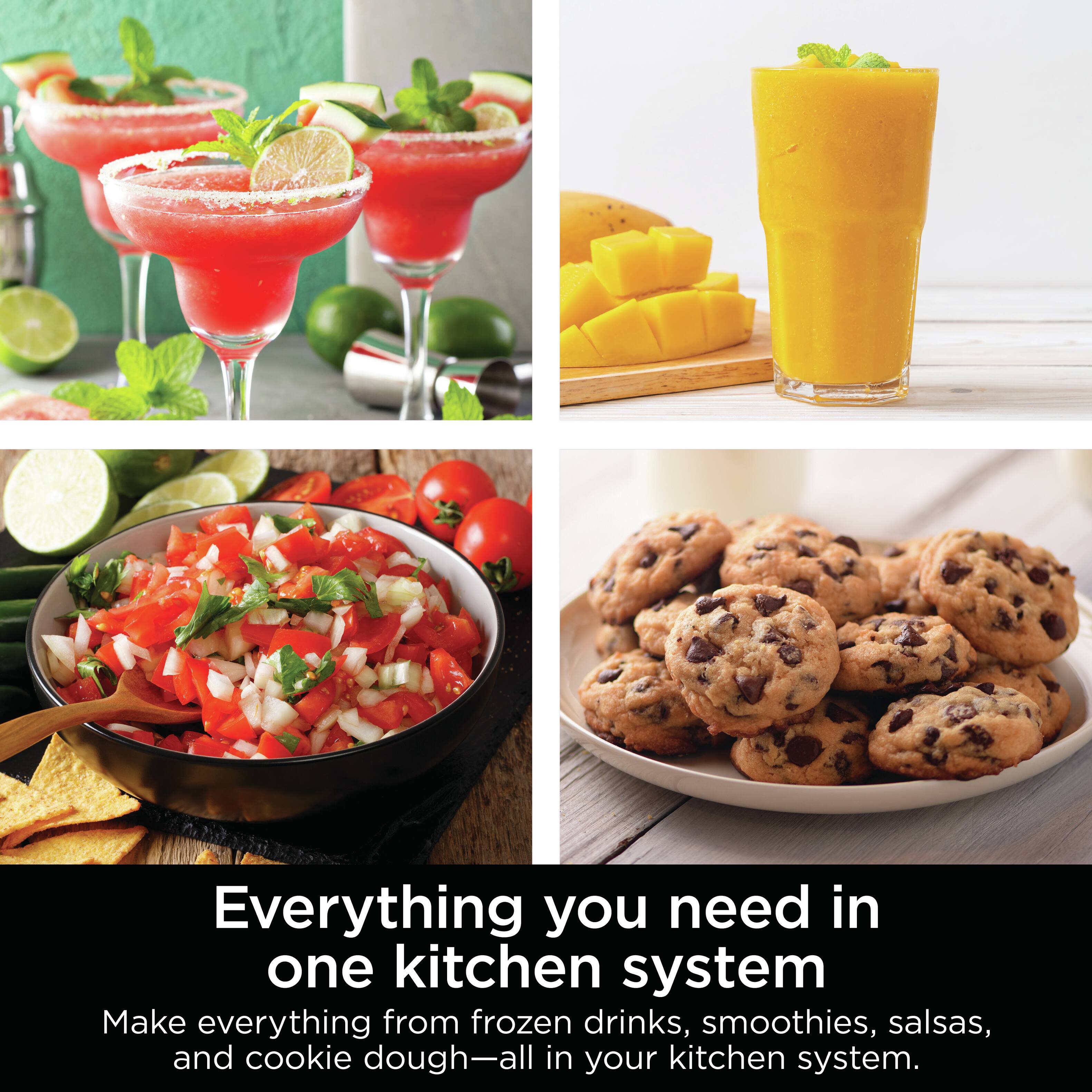 Everything you need in one kitchen system

Make everything from frozen drinks, smoothies, salsas, and cookie dough—all in your kitchen system.