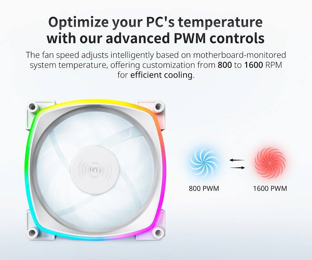 Optimize your PC's temperature with our advanced PWM controls

The fan speed adjusts intelligently based on motherboard-monitored system temperature, offering customization from 800 to 1600 RPM for efficient cooling.

800 PWM 1600 PWM