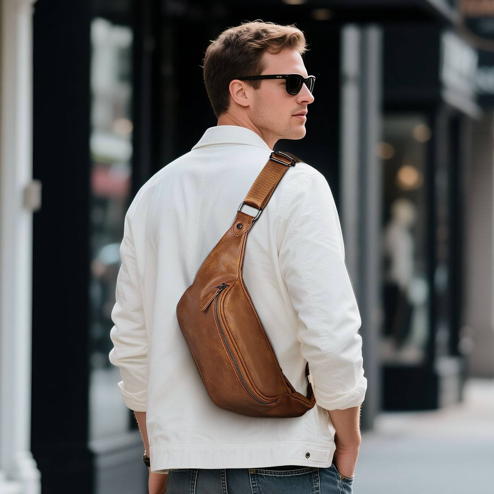 Alt View 1. Unique Bargains - Soft Faux Leather Fanny Pack Crossbody Waist Pack with Adjustable Strap Large Pocket Sturdy Zippers for Travel Hiking - Textured Brown.