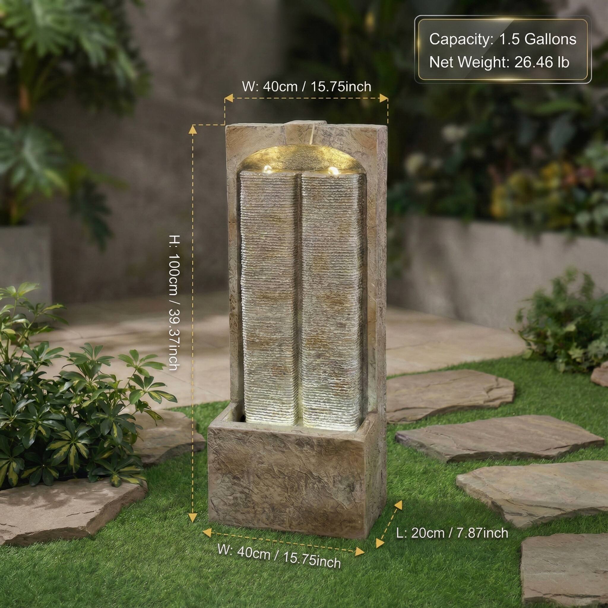 W: 40cm / 15.75inch  
H: 100cm / 39.37inch  
L: 20cm / 7.87inch  
Capacity: 1.5 Gallons  
Net Weight: 26.46 lb