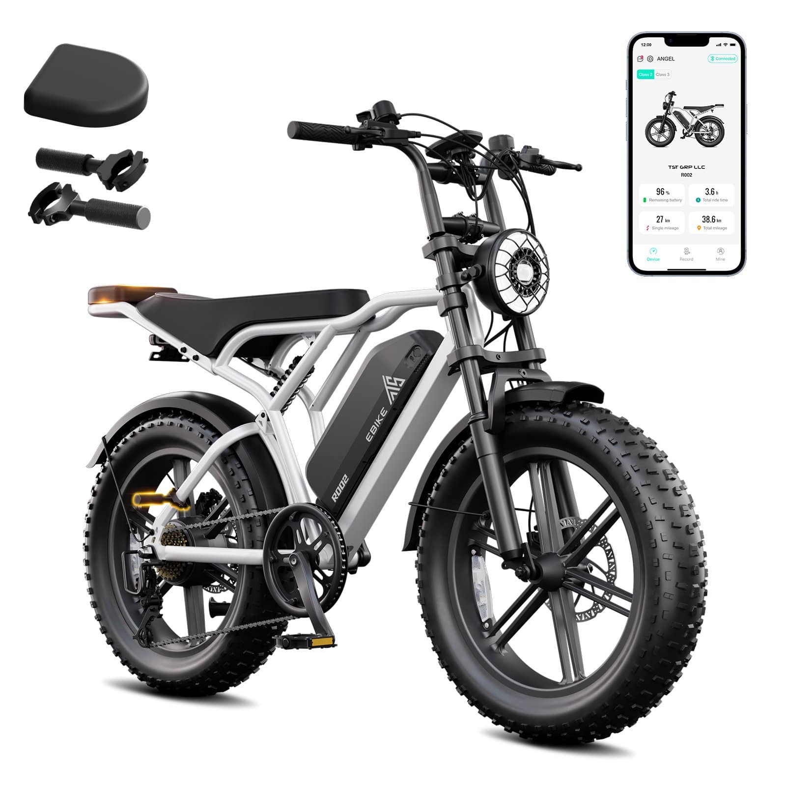 TST GRP - 20" Peak 1500W Full Suspension Moped-style Electric Bike, 48V/15Ah - White