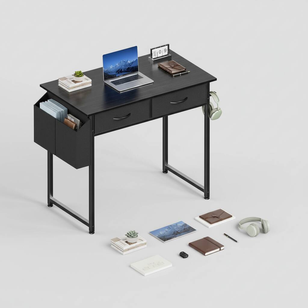 Alt View 1. AOITUN - Small Black Desk with 2 Fabric Drawers, Side Pocket & Hook, Compact Writing Table for Bedroom & Home Office - Black.