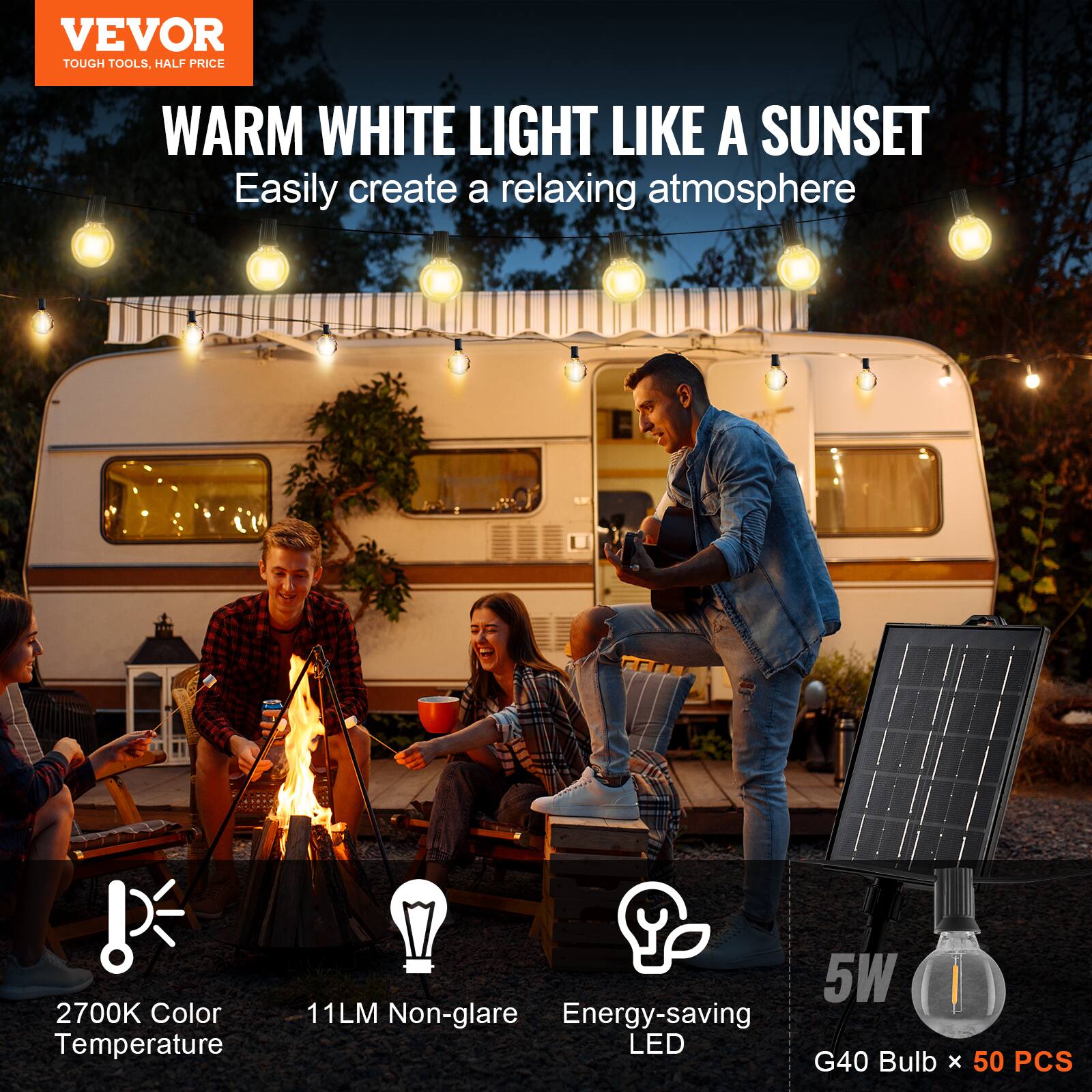 VEVOR  
TOUGH TOOLS, HALF PRICE  

WARM WHITE LIGHT LIKE A SUNSET  
Easily create a relaxing atmosphere  

2700K Color Temperature  
11LM Non-glare  
Energy-saving LED  
5W  
G40 Bulb x 50 PCS