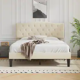 Vecelo - Queen Upholstered Platform Bed Frame with Adjustable Tufted Headboard, Heavy-Duty Metal & Wood Slats, Noise-Free Design - Beige