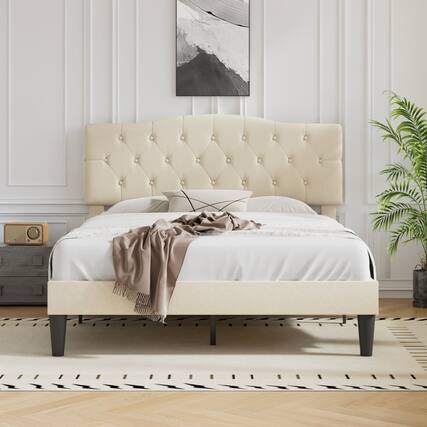 Front. Vecelo - Queen Upholstered Platform Bed Frame with Adjustable Tufted Headboard, Heavy-Duty Metal & Wood Slats, Noise-Free Design - Beige.