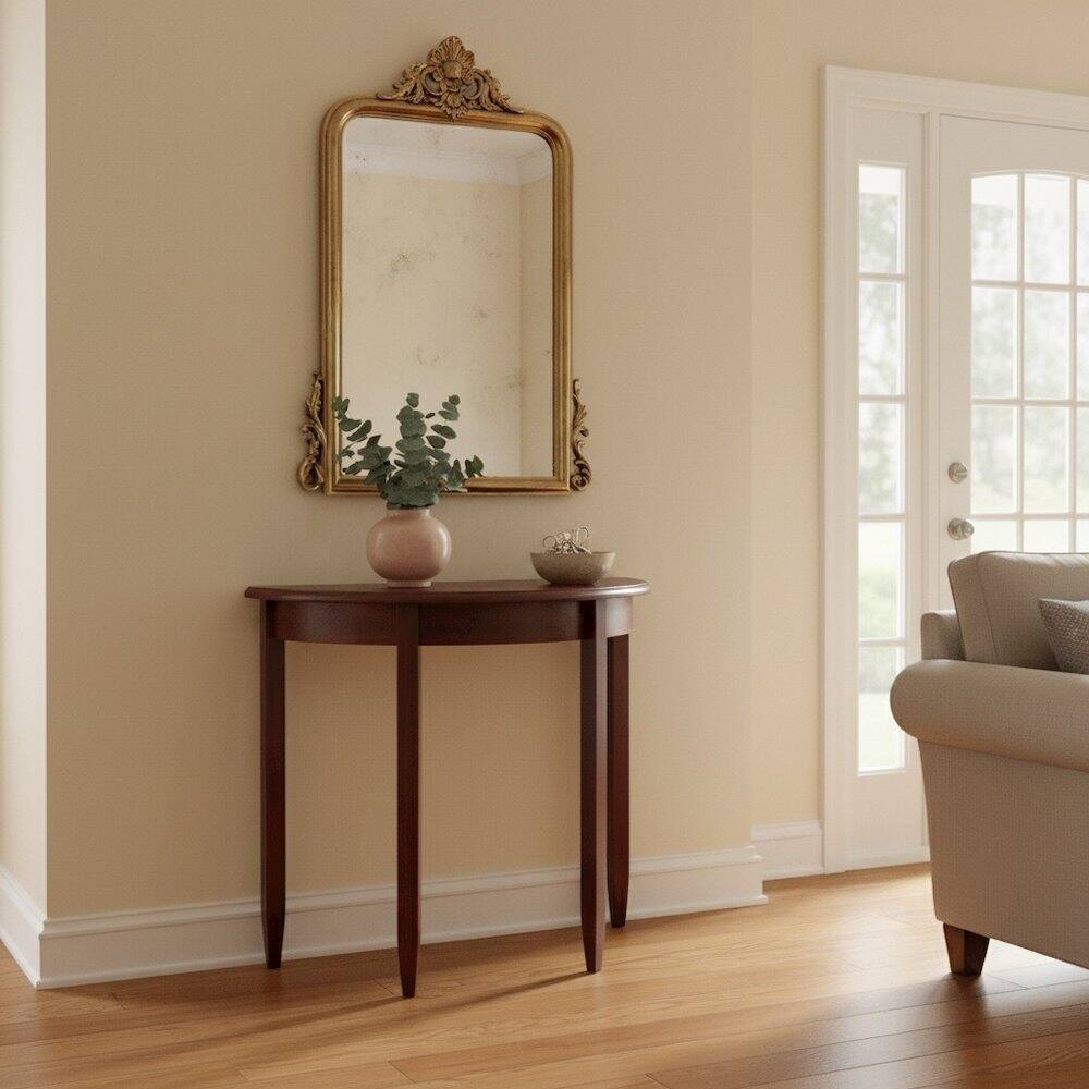 Alt View 3. FurniFact - Solid Wood Half Moon Table in Antique Walnut Finish - Walnut.