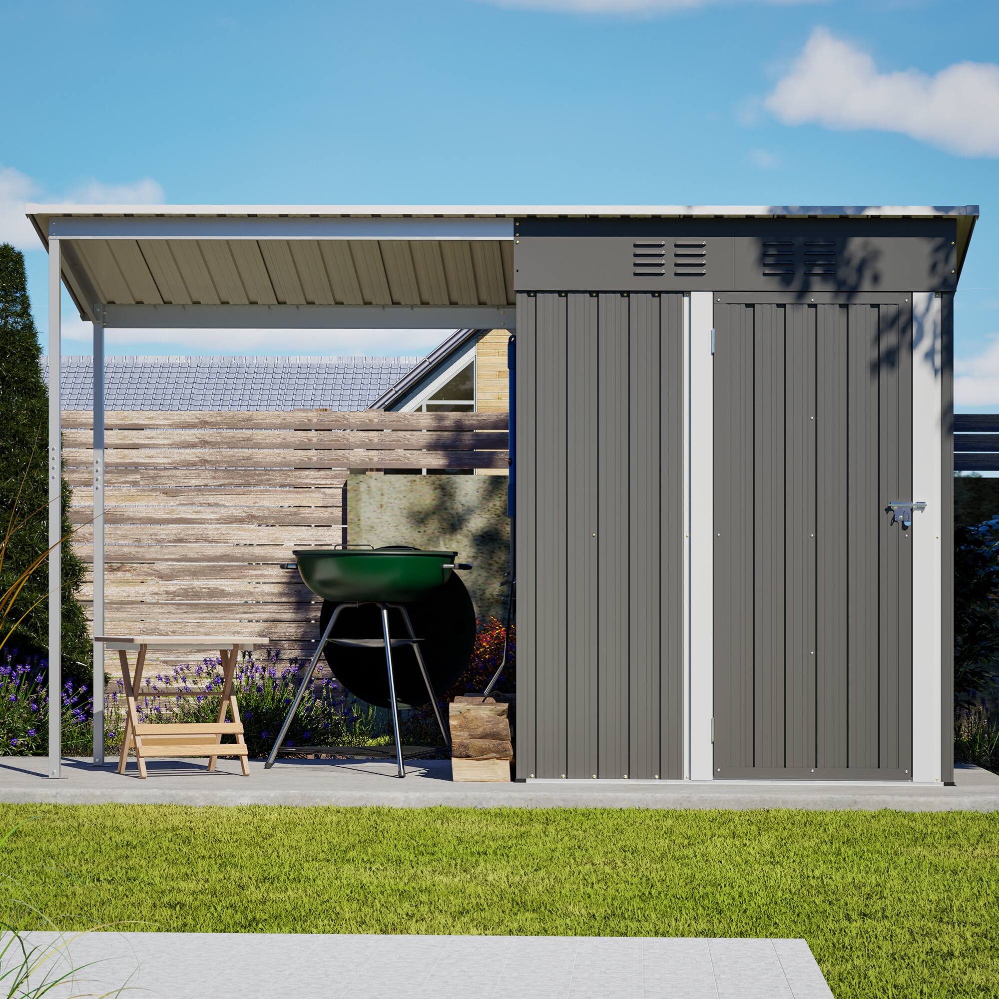 Alt View 5. Loheer - 5'x3' Lean-To Storage Shed with Attached Open Pergola – Dual Zone - Gray.