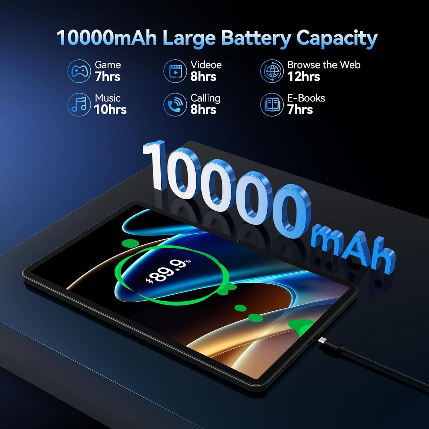 10000mAh Large Battery Capacity

- Game: 7hrs
- Video: 8hrs
- Browse the Web: 12hrs
- Music: 10hrs
- Calling: 8hrs
- E-Books: 7hrs

10000 mAh

89.9%