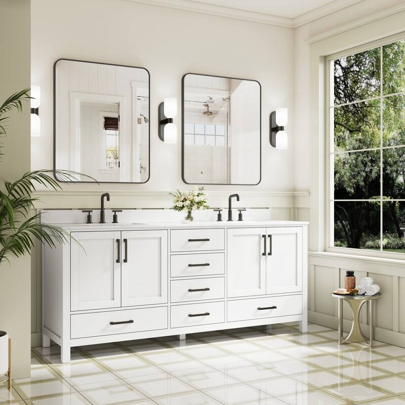 Angle. WELLFOR - 80 in Bathroom Vanity with Double Sink,Solid Wood Bathroom Cabinet with 4 Doors& 6 Drawers,Matte Black Handle - White.