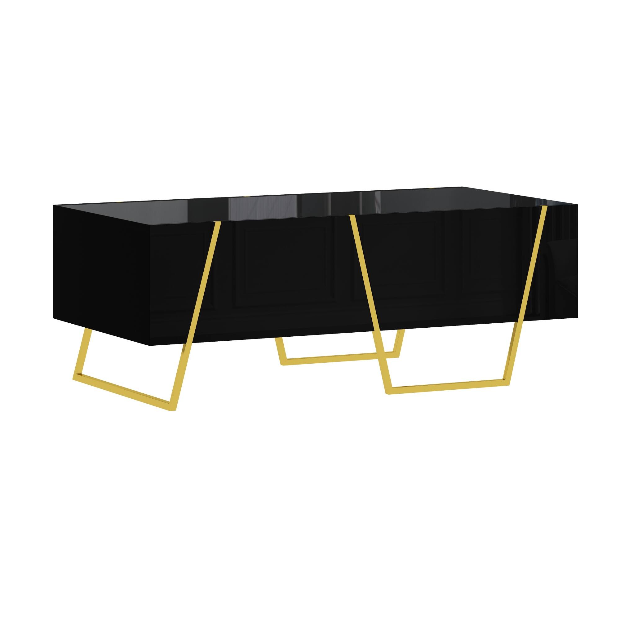 Alt View 10. GOODSILO - Modern Rectangular High Gloss Coffee Table with Storage Drawers and Gold Metal Base for Contemporary Living Room - Black+Gold.