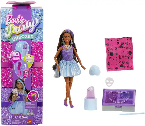 Barbie Party Unboxed
- 1 Barbie
- 1 Surprise Surprise Surprise
- 1 Color Change de Couleur
- 4x Moitvbtta
- 14g e 0.5oz
- Warning: Choking Hazard - Small parts. Not for children under 3 years.
- Mattel
- 3+