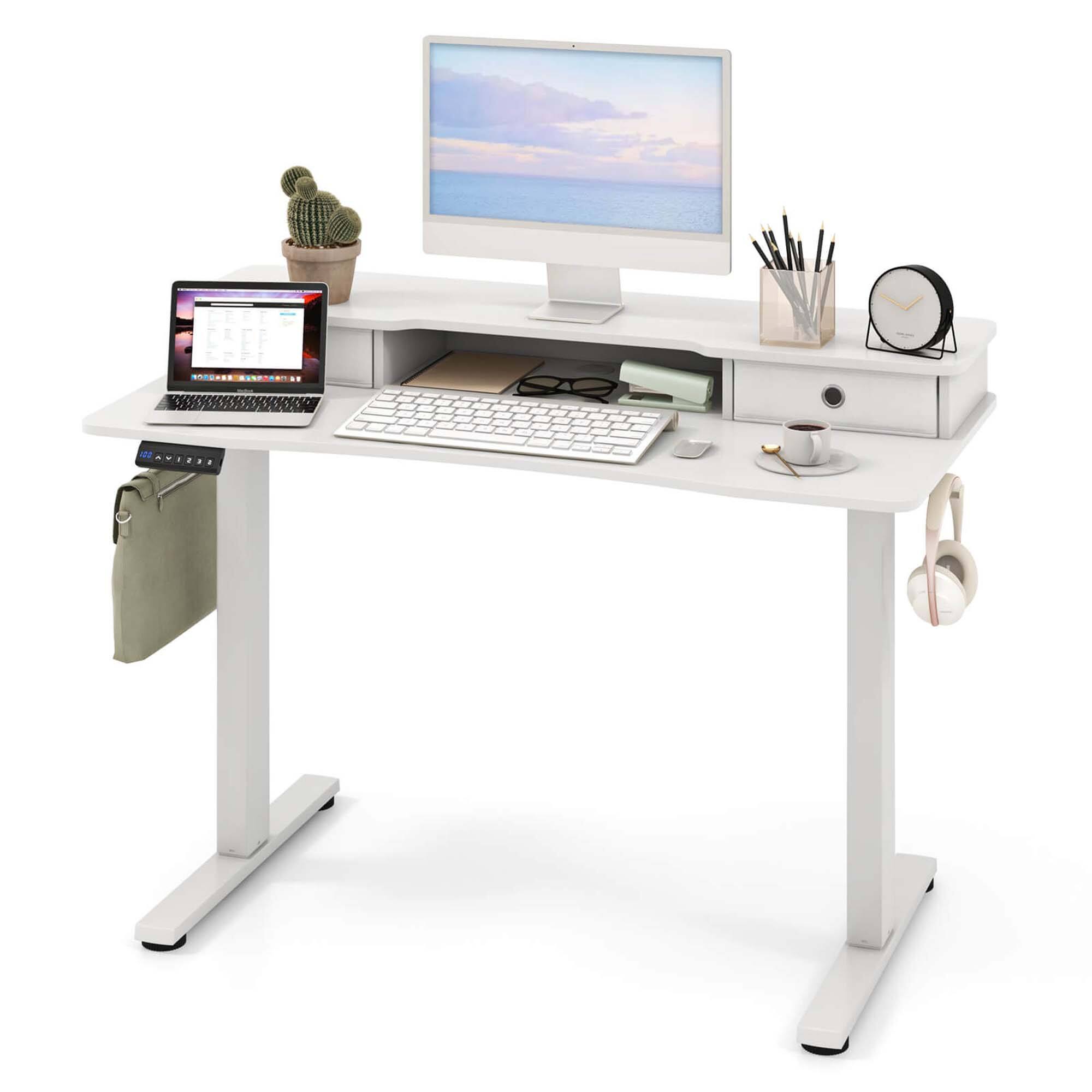 Costway - 48"x 24" Electric Standing Desk with 2 Drawers Monitor Stand Storage Shelf - White