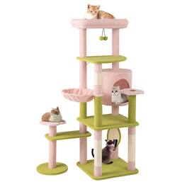 Gymax - 58'' Plush Cat Tree Floral Climbing Tree Multi-level Cat Tower w/ Round Basket - GYM16194