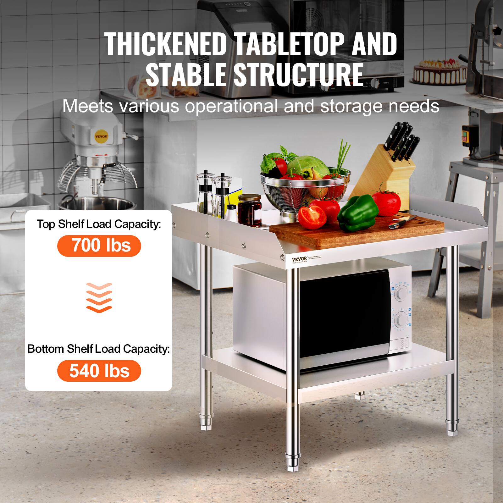 **Thickened Tabletop and Stable Structure**  
Meets various operational and storage needs  

- **Top Shelf Load Capacity:** 700 lbs  
- **Bottom Shelf Load Capacity:** 540 lbs
