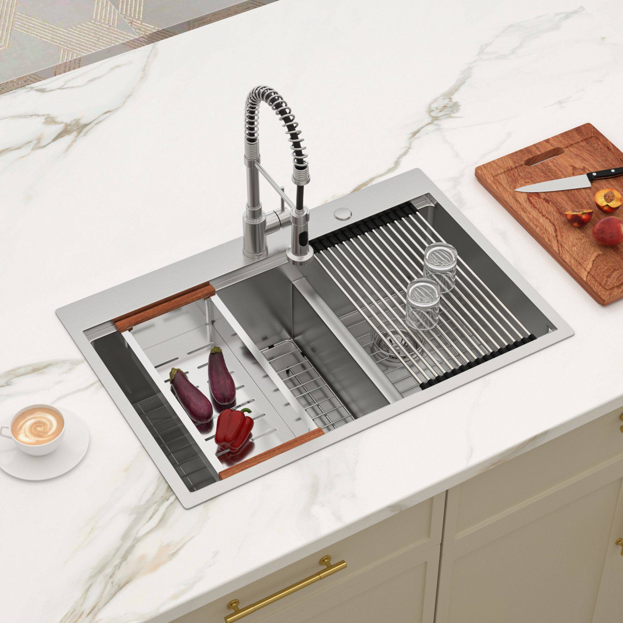 Back. Lordear - 36"x 22" x 10" Double Bowl (60/40)Topmount Drop in Kitchen Sink 16 Gauge with Two 10" Deep Basin - Stainless steel.