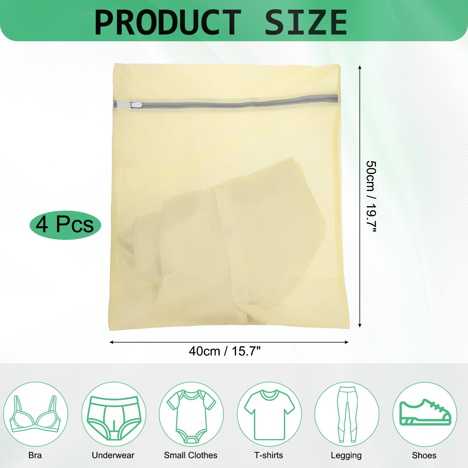 PRODUCT SIZE

4 Pcs

50cm / 19.7" x 40cm / 15.7"

Bra
Underwear
Small Clothes
T-shirts
Legging
Shoes