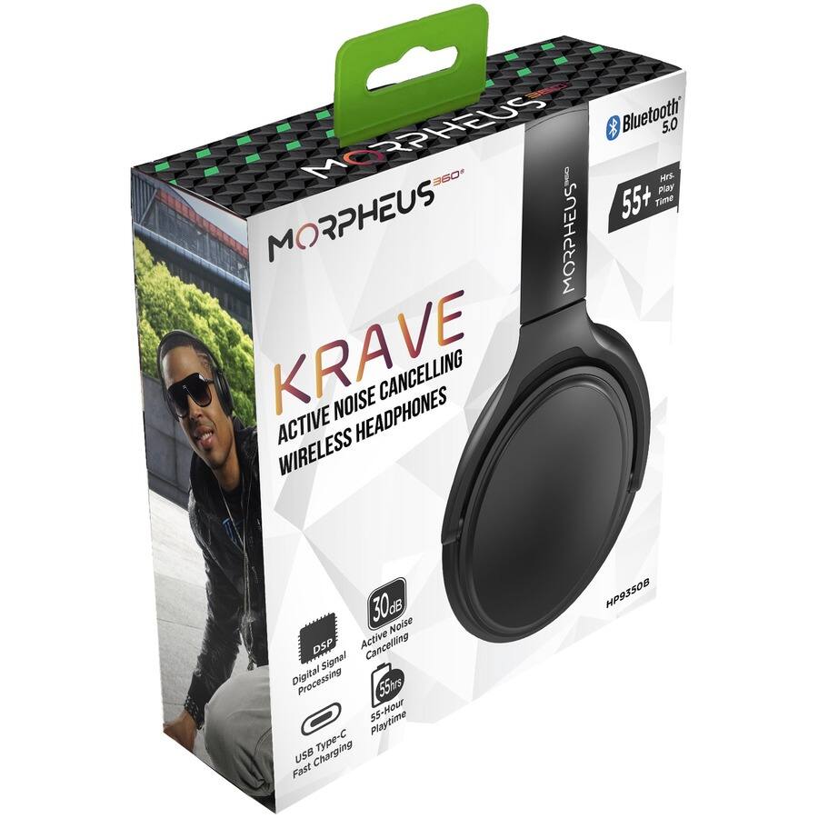 MORPHEUS  
KRAVE  
ACTIVE NOISE CANCELLING WIRELESS HEADPHONES  

Bluetooth 5.0  
55+ Hours Playtime  
30dB Active Noise Cancelling  
55-Hour Playtime  
USB Type-C Fast Charging  
Digital Signal Processing (DSP)  
360°  

HP9350B