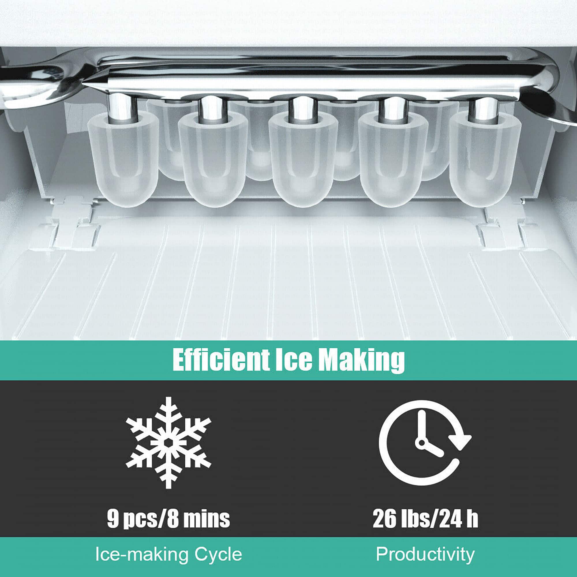 Efficient Ice Making: 9 pcs/8 mins Ice-making Cycle: 26 lbs/24 h Productivity