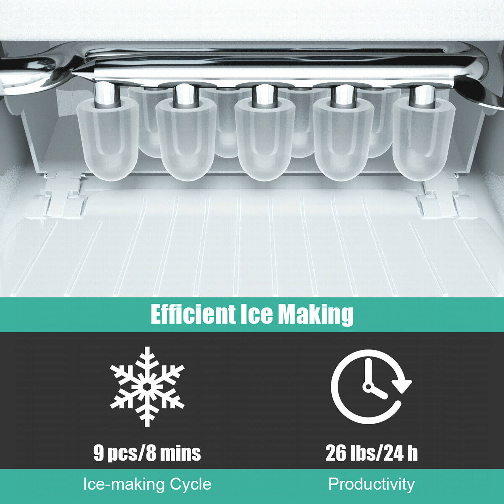 Efficient Ice Making: 9 pcs/8 mins Ice-making Cycle: 26 lbs/24 h Productivity