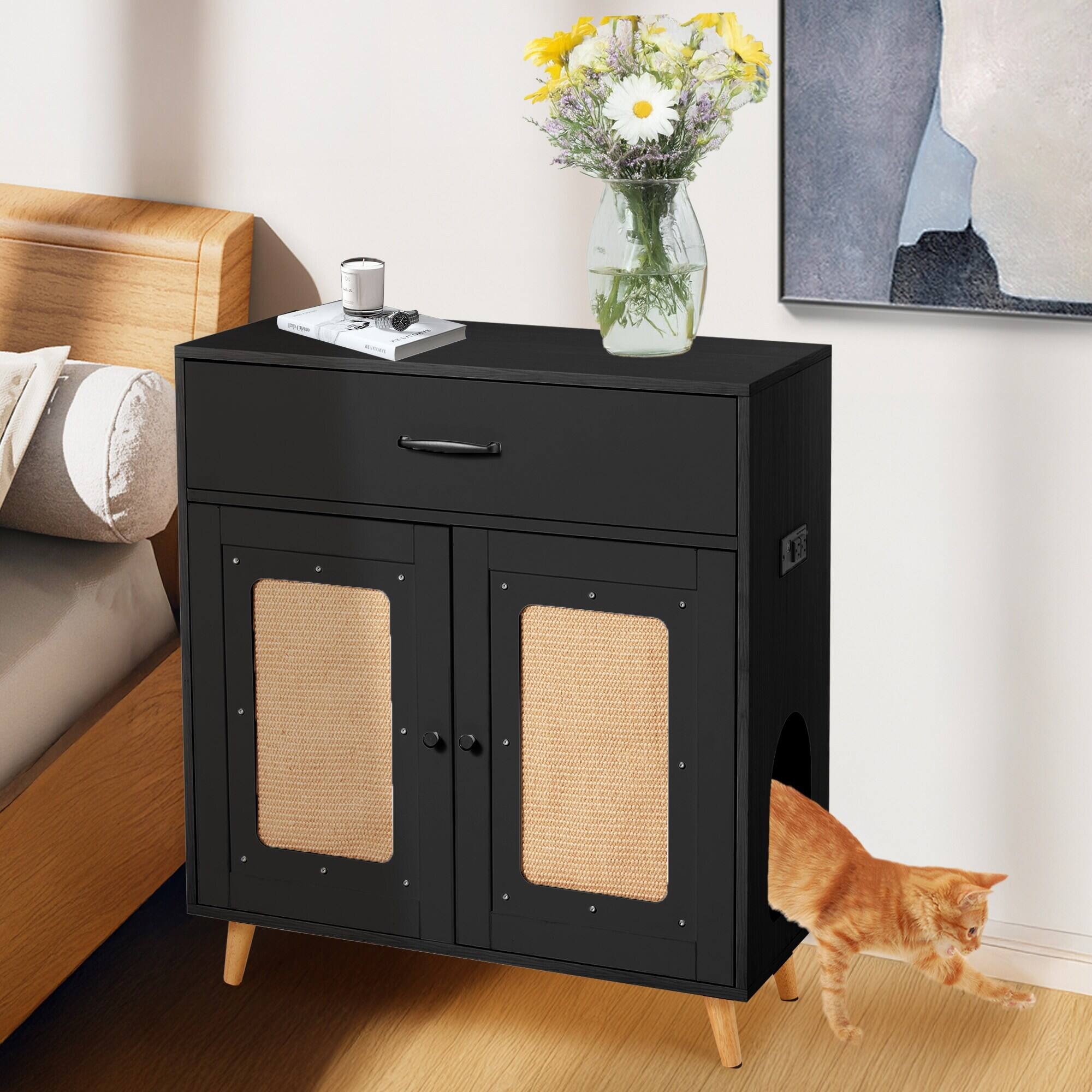 Alt View 5. U-HOMY - Hidden Cat Litter Box Cabinet with Drawer, Ventilation, and Scratch Door Furniture - Black.